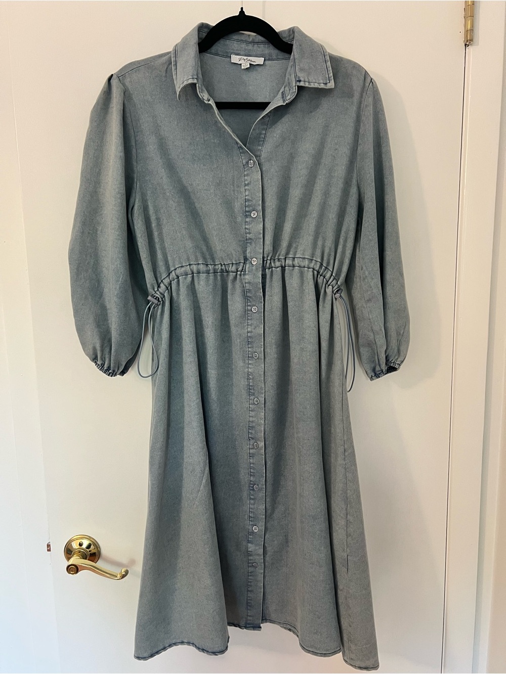 Polagram Button-Front Light Blue Gray Denim Dress with Drawstring Waist Size S